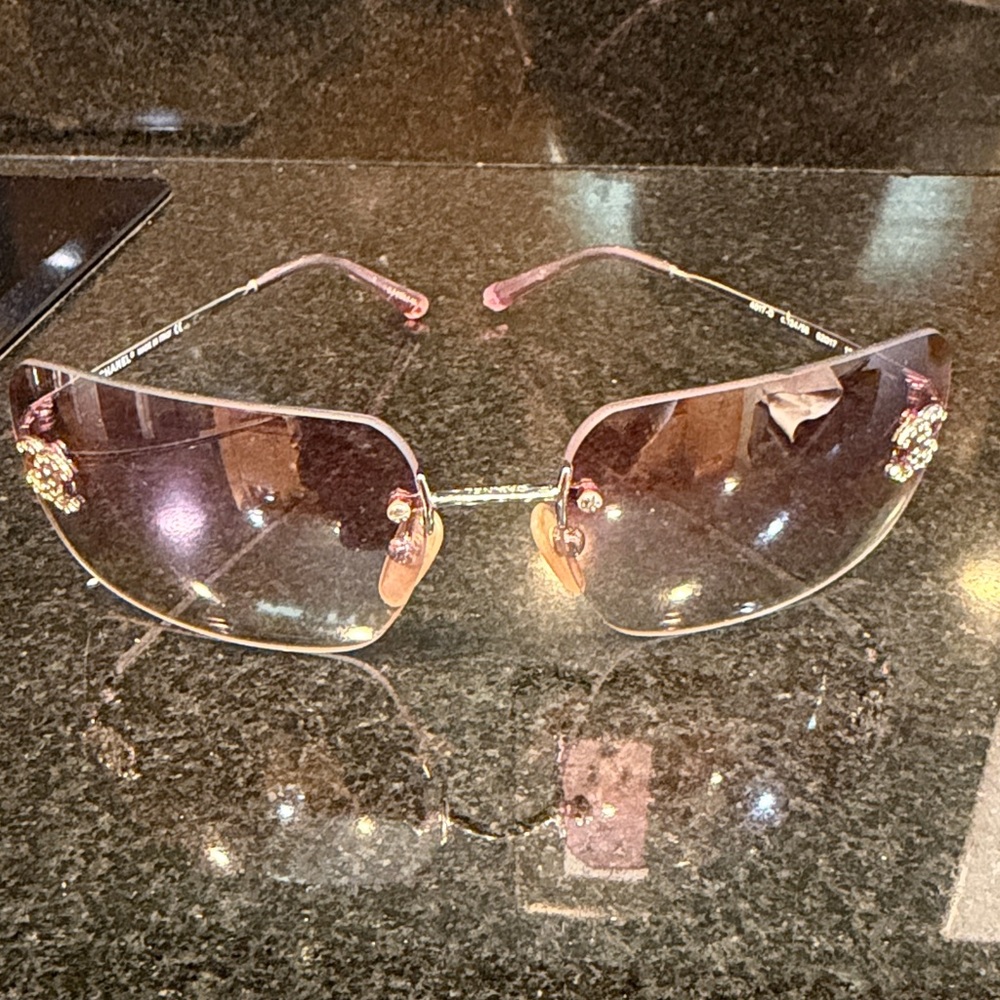 AUTHENTIC CHANEL Pink Rimless Sunglasses with Crystal Temple Embellishments